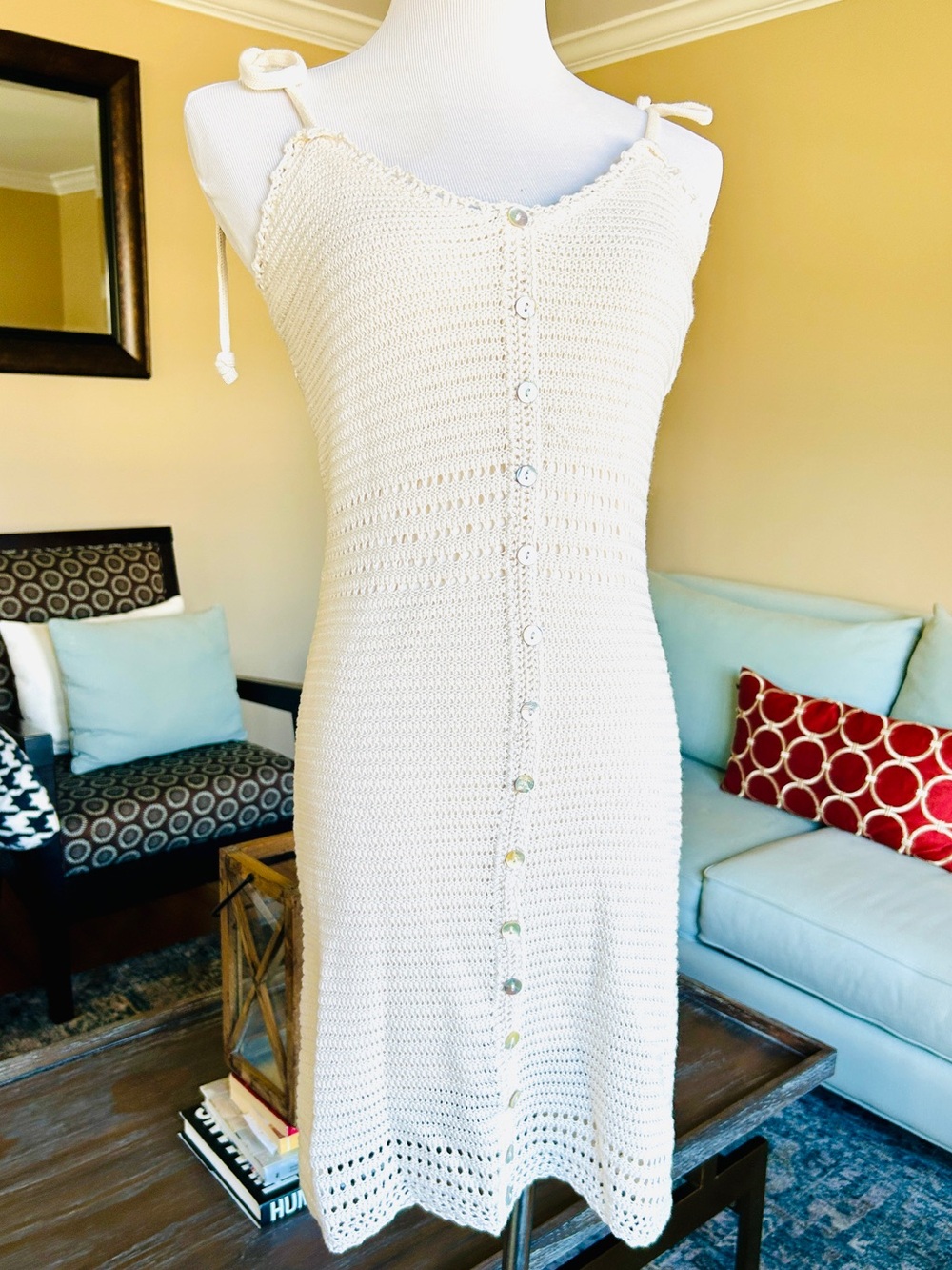 Olive + Oak Cream Crochet Button-Front Mini Dress Size Small Tie Straps Summer - Picture 2 of 11